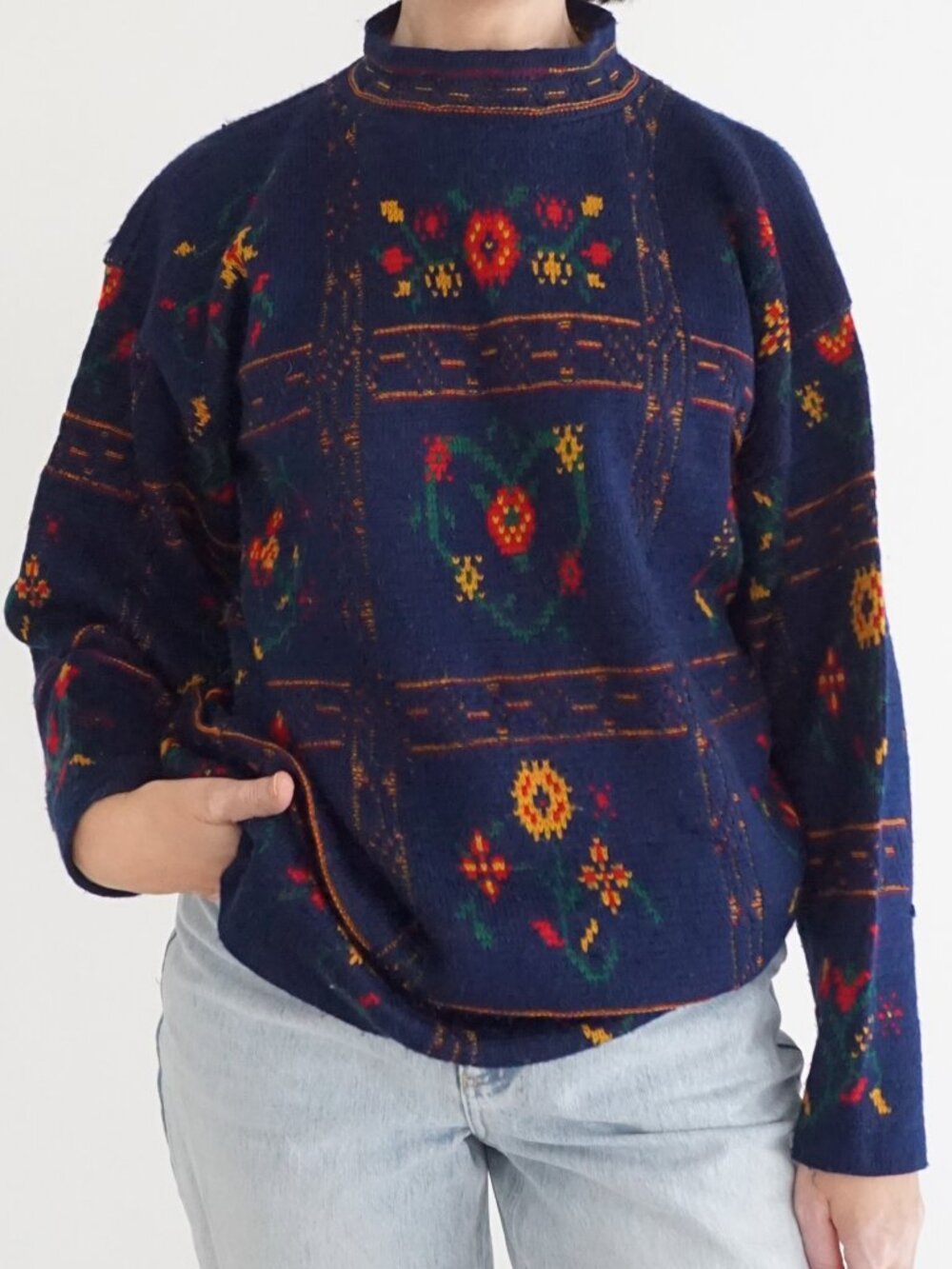 Vintage Just For Petites Navy Floral Geometric Knit Preppy Turtleneck Sweater PM